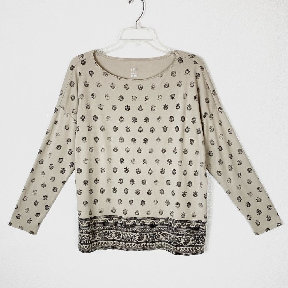 (L Petite) J. Jill Perfect Pima Tan & Black Floral Long Sleeve Shirt